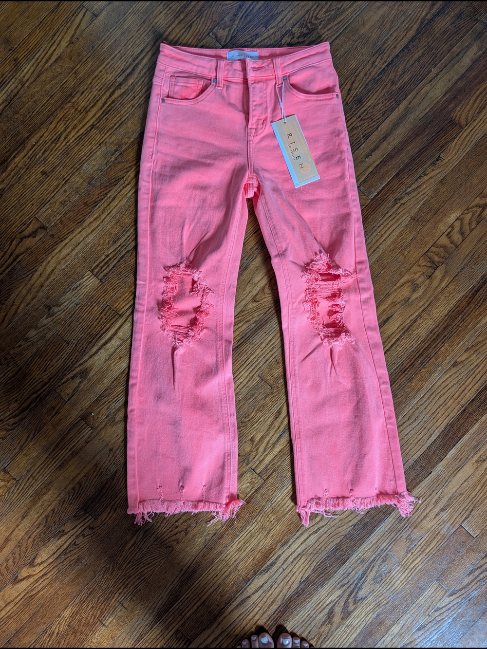 Risen Coral Distressed Flare Jeans